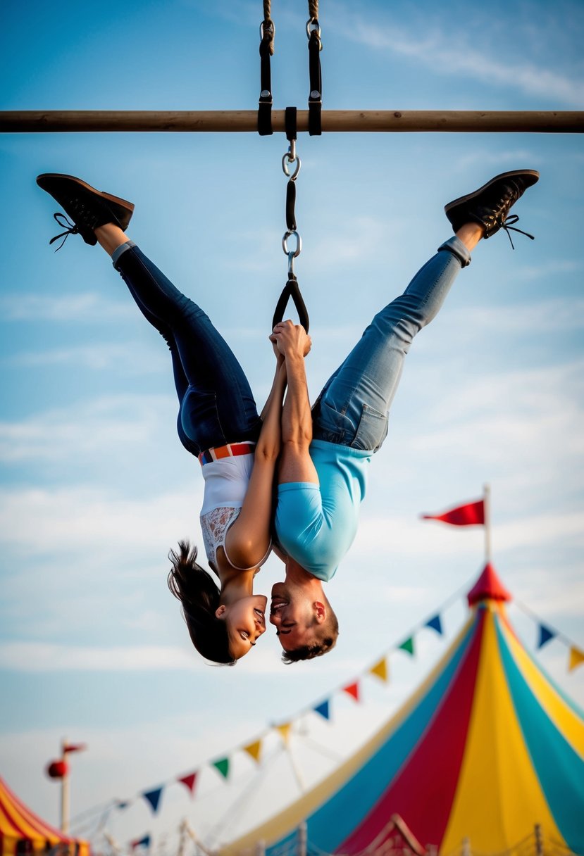 A couple hangs upside down on trapeze, smiling, with a colorful circus tent in the background