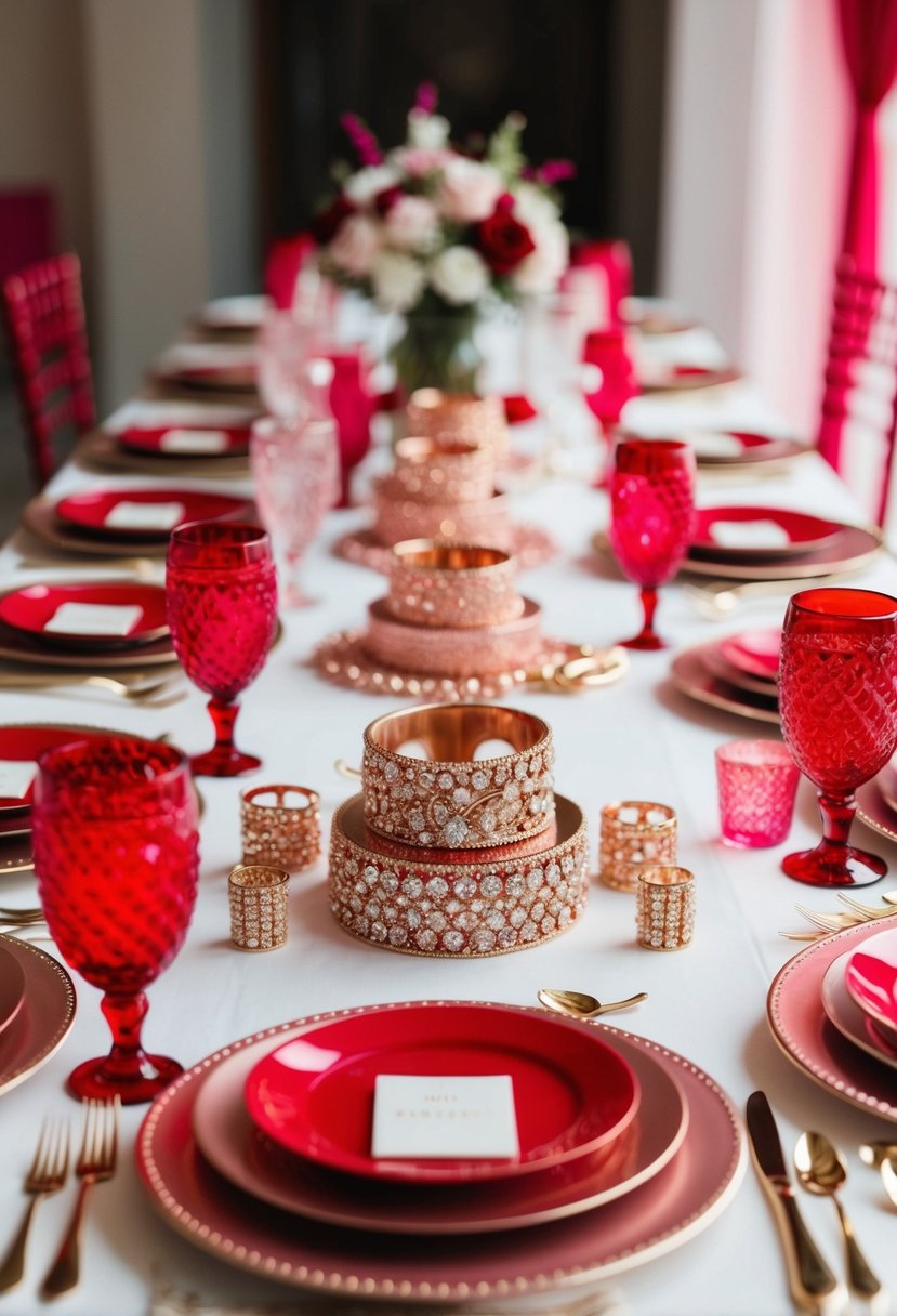 A table adorned with rose gold jewelry sets, surrounded by red and pink wedding decor