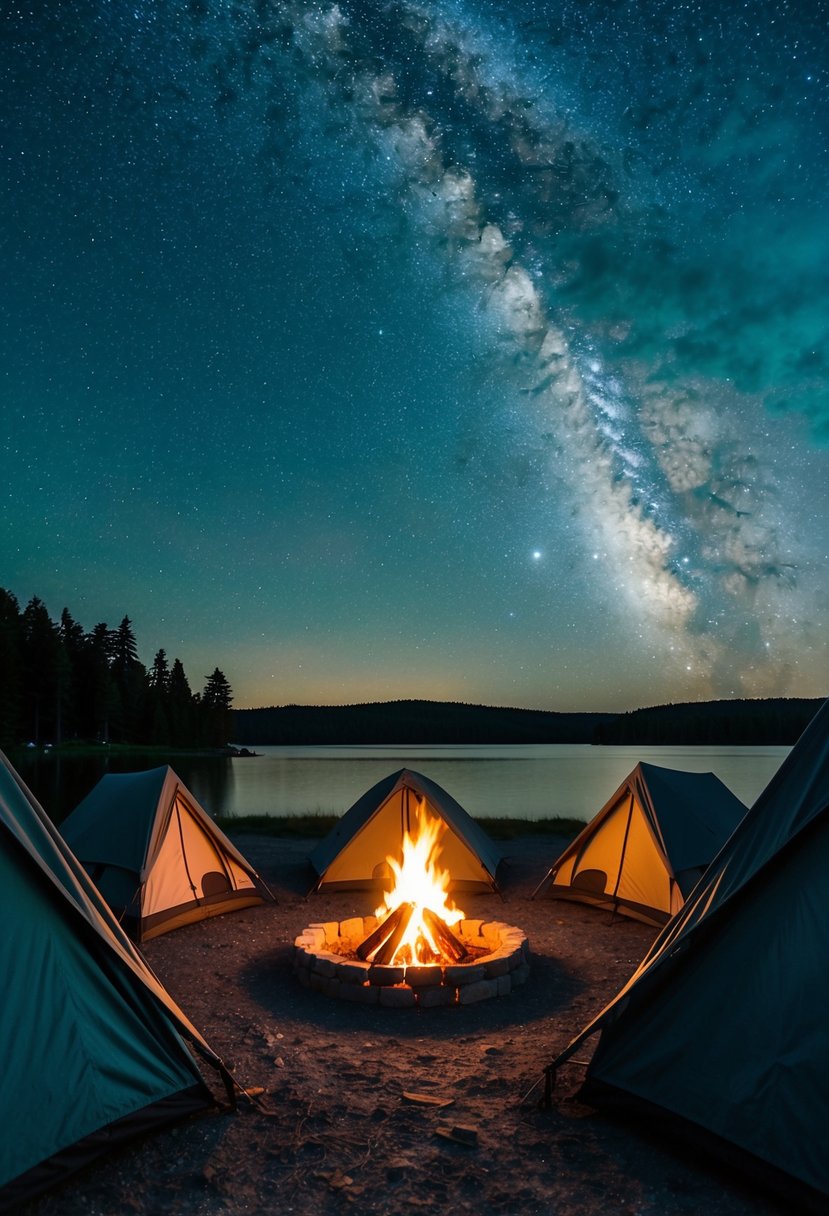 A cozy campfire surrounded by a circle of tents under a starry night sky, with a serene lake in the background