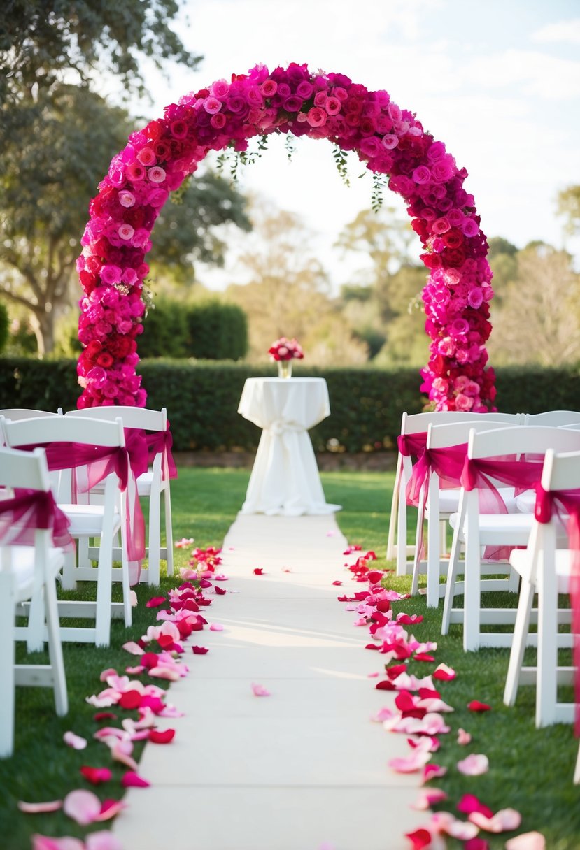 A fuchsia and ruby flower arch adorns a wedding aisle, with pink and red petals scattered on the ground