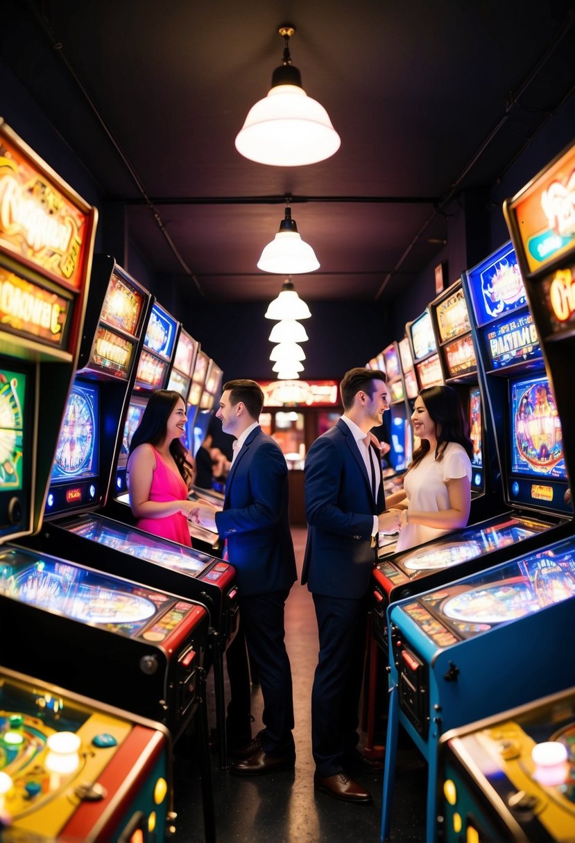 A dimly lit arcade filled with vintage pinball machines and neon lights. Couples playfully compete as the sound of bells and flashing lights fill the air