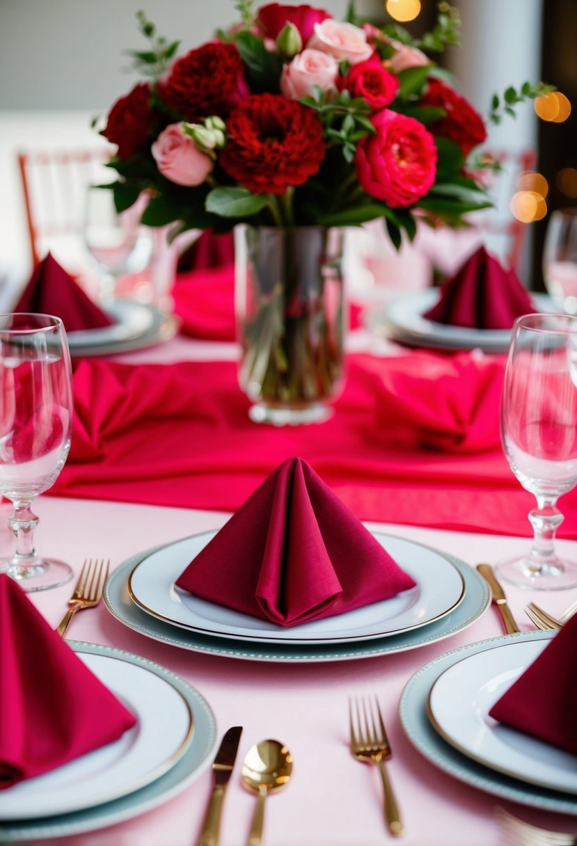 A table set with raspberry cocktail napkins, surrounded by red and pink wedding decor