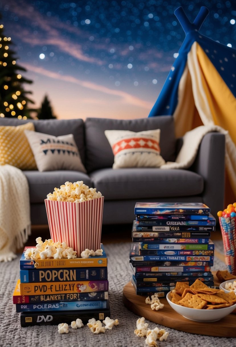 A cozy living room with a blanket fort, popcorn, and a stack of DVDs. Outside, a starlit sky and a picnic spread of themed snacks