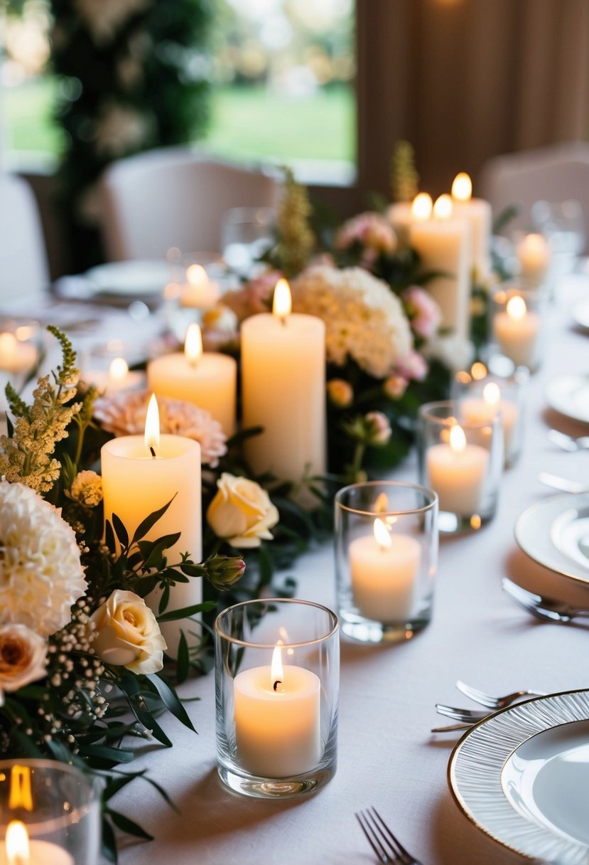 A table adorned with delicate tea light candles in glass holders, surrounded by floral arrangements and elegant tableware for a wedding celebration