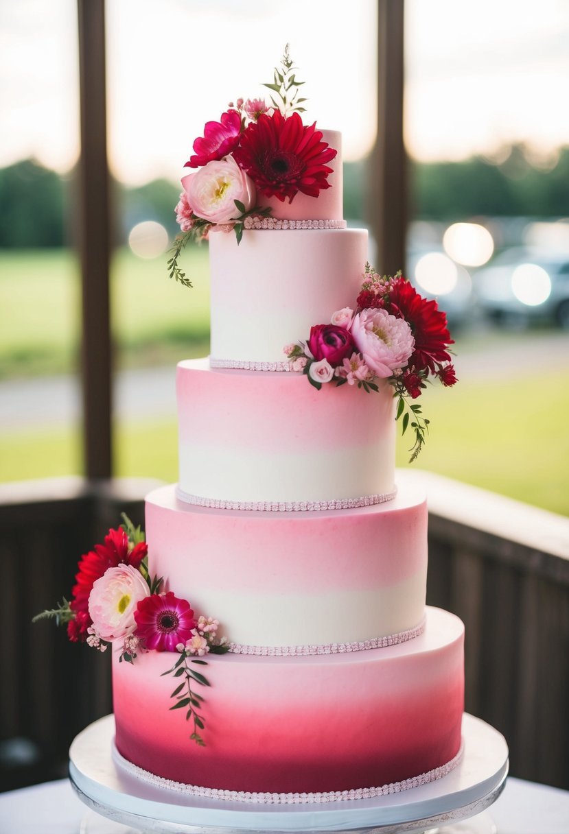 A three-tiered wedding cake with a pink ombre design, adorned with delicate red and pink flowers