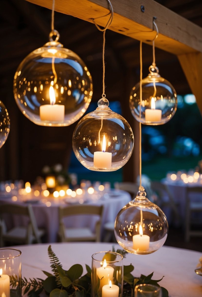 Several glass orbs hang from a wooden beam, each containing a flickering tea light. The soft glow illuminates a wedding table, creating a romantic and enchanting atmosphere