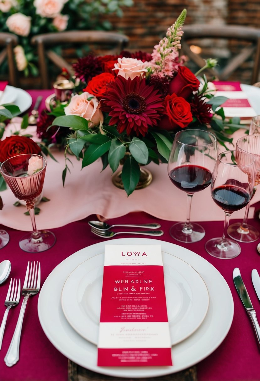 A table set with red and pink wedding stationery, surrounded by wine and blush colored flowers and decor