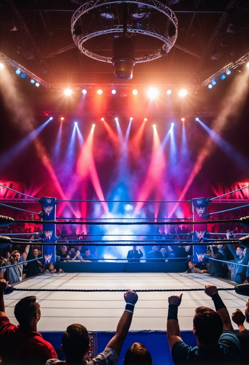 A wrestling ring surrounded by cheering fans, colorful lights, and dramatic entrances