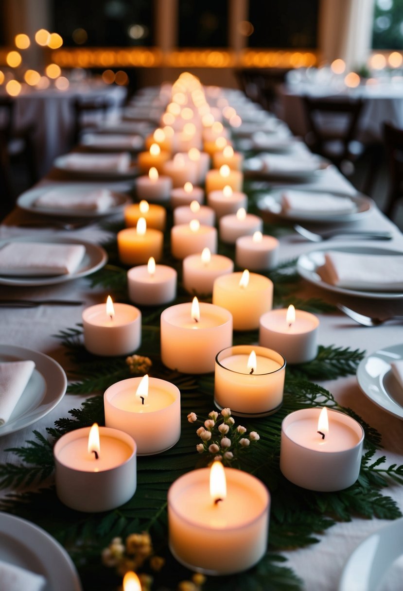 A variety of differently sized tea light candles arranged in an elegant mix and match pattern on a wedding table, creating a visually appealing and romantic atmosphere