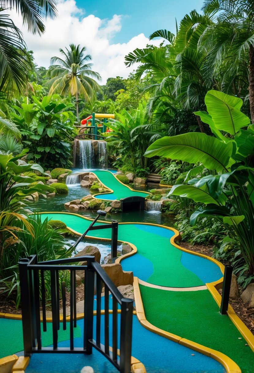 A winding mini-golf course set in a lush, tropical jungle, complete with waterfalls and obstacles