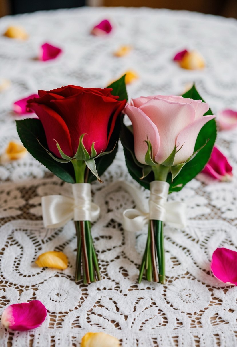 Two boutonnieres, one red and one pink, arranged on a white lace tablecloth with scattered rose petals