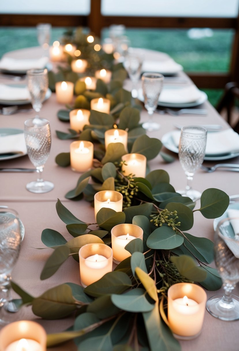 A eucalyptus garland adorned with tea lights, creating a romantic and elegant wedding table decoration