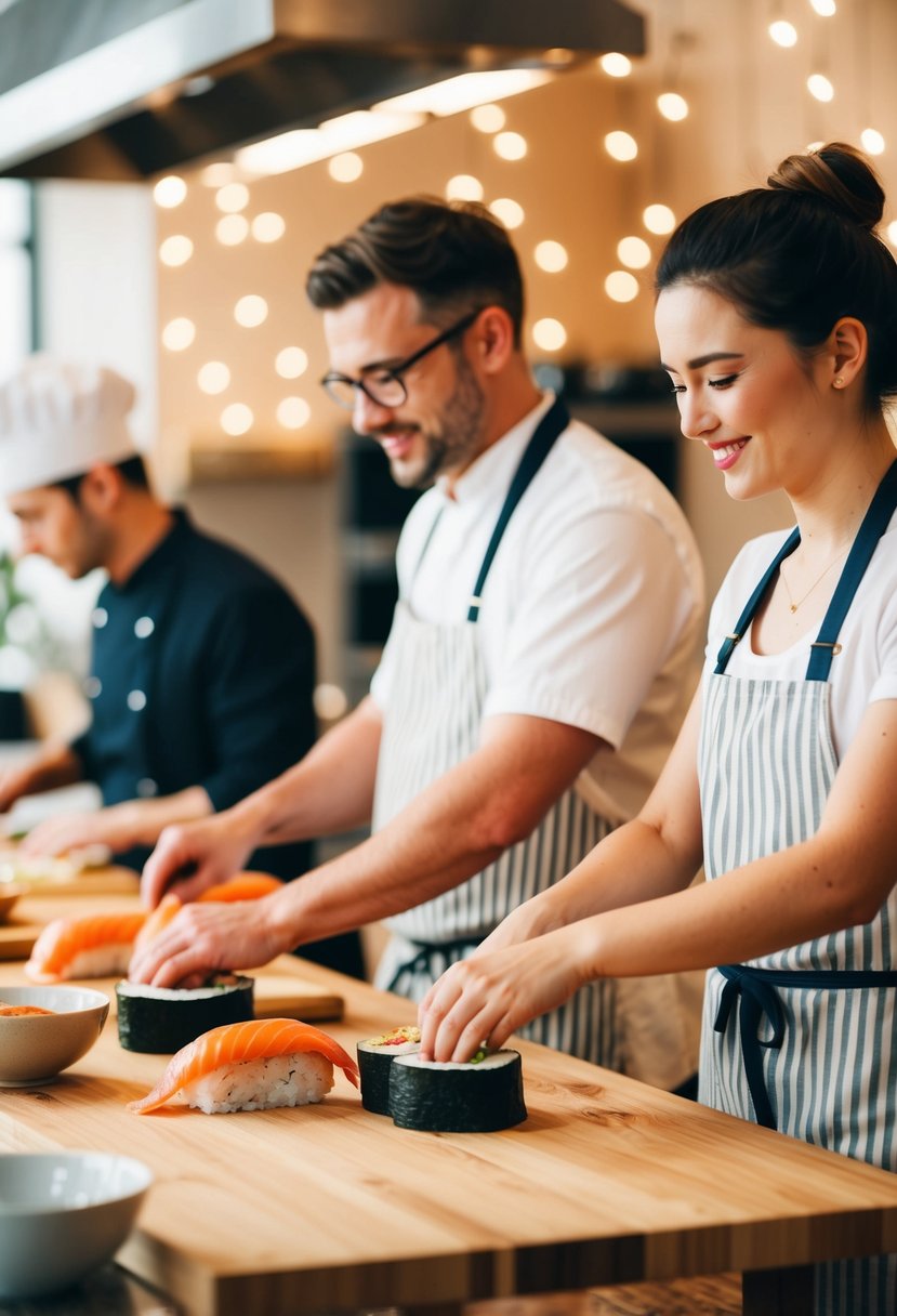 A couple rolling sushi together at a cozy cooking class