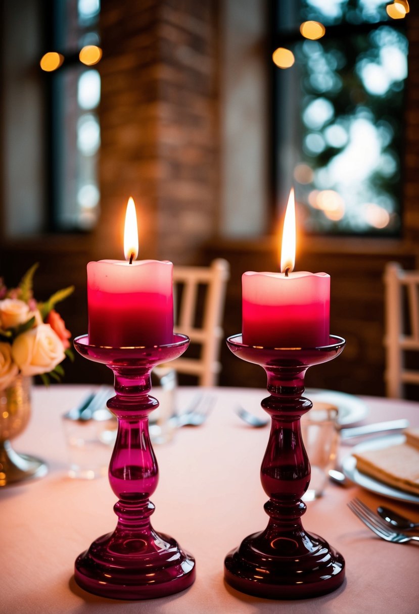 Two elegant candle holders in magenta and rouge sit side by side, casting a warm glow in a romantic wedding setting