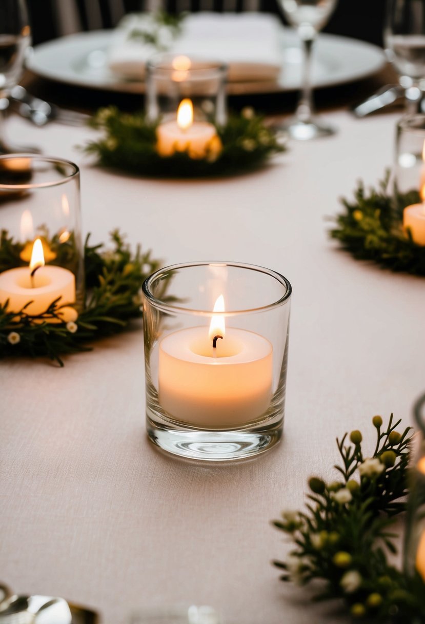 A glass tea light holder surrounded by floating flower wreaths on a wedding table