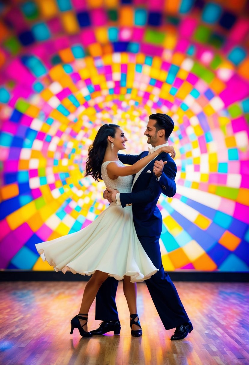 A couple twirls and dips in a lively dance studio, surrounded by colorful, swirling patterns and the rhythmic beat of Latin music