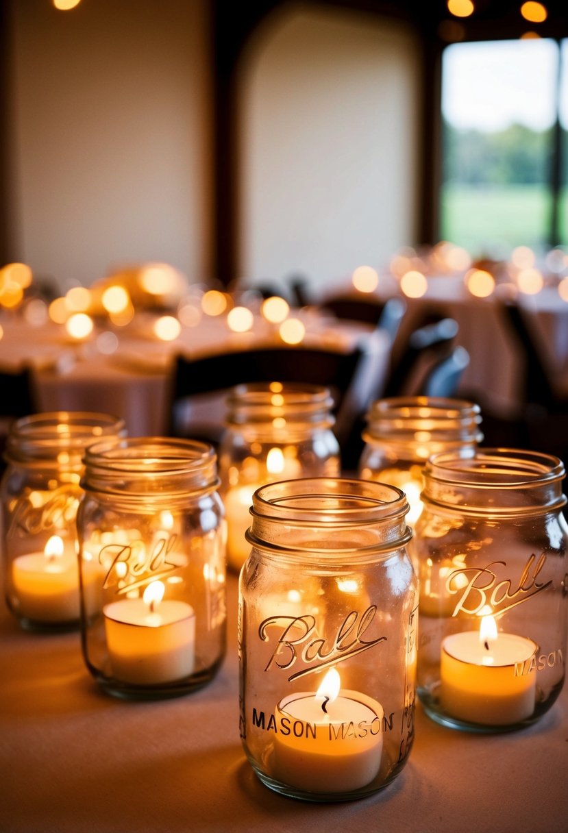 Mason jars filled with tea lights, arranged as wedding table decorations, casting a warm and romantic glow