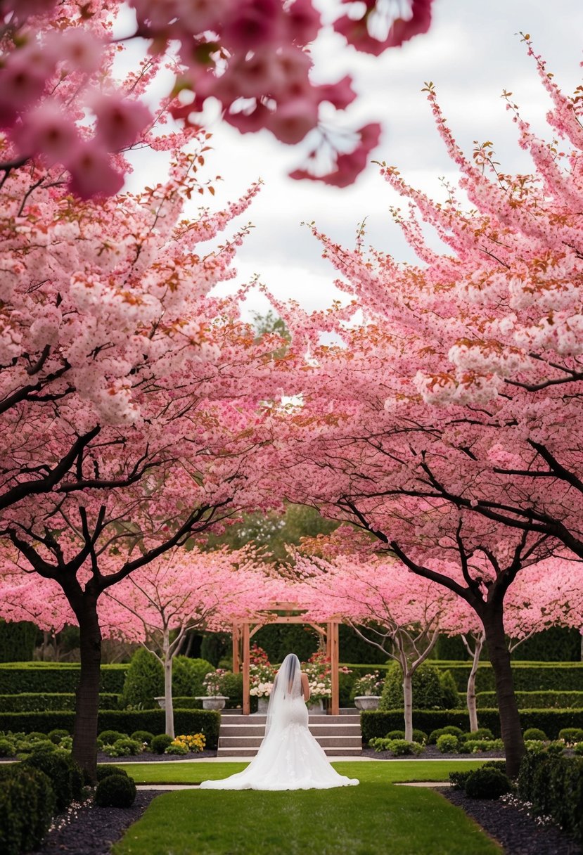 A serene garden with cherry blossom trees in full bloom, creating a stunning backdrop of red and pink hues for a wedding ceremony