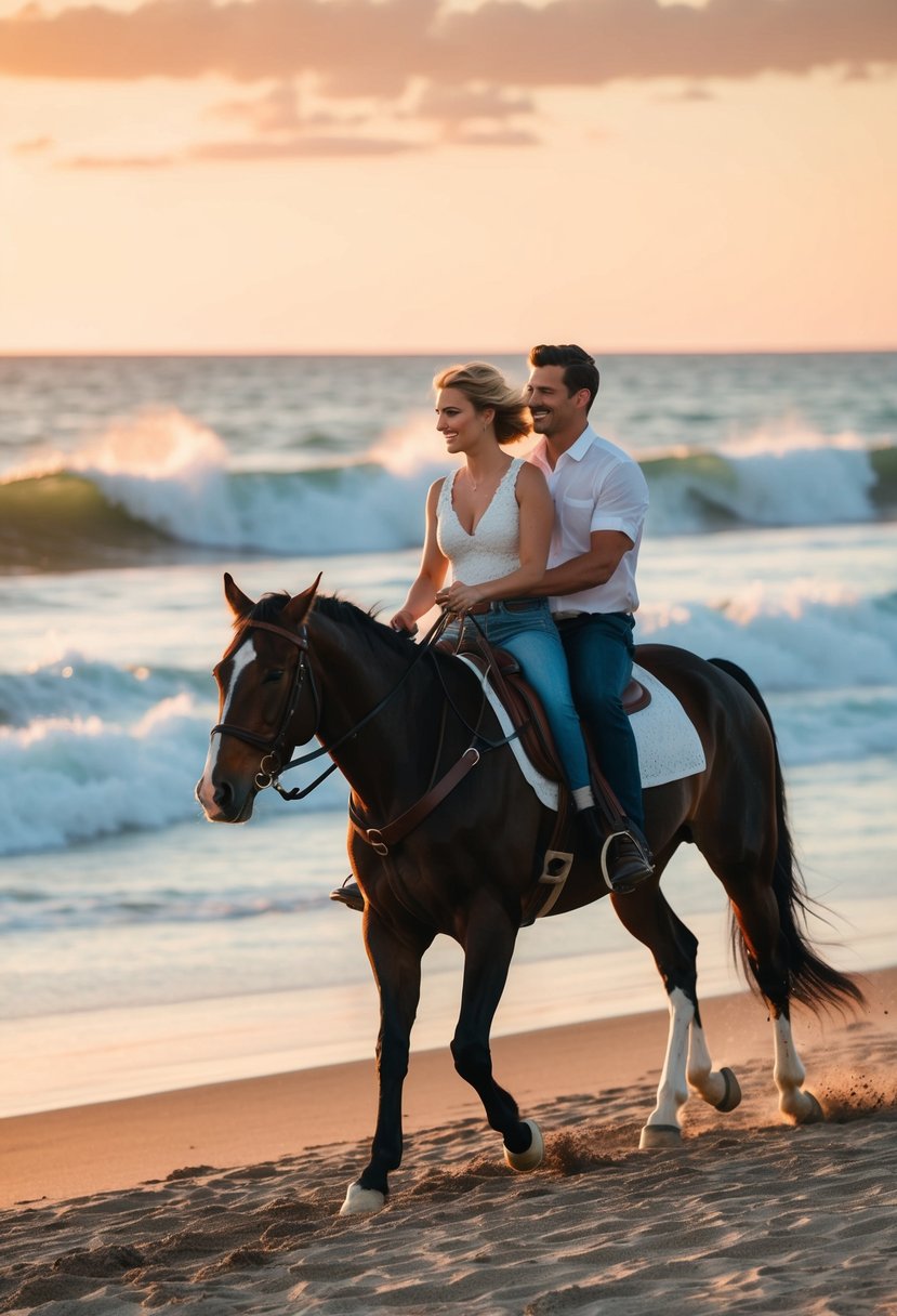 A couple gallops on horseback along a sandy beach at sunset, waves crashing in the background