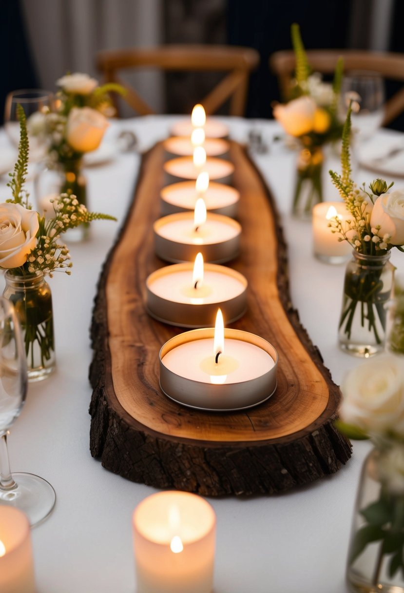 A wooden slab centerpiece adorned with tea lights, surrounded by delicate floral arrangements, serves as a charming wedding table decoration