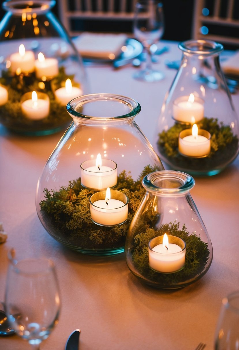 Glass terrariums filled with tea lights illuminate a wedding table, casting a warm and cozy glow