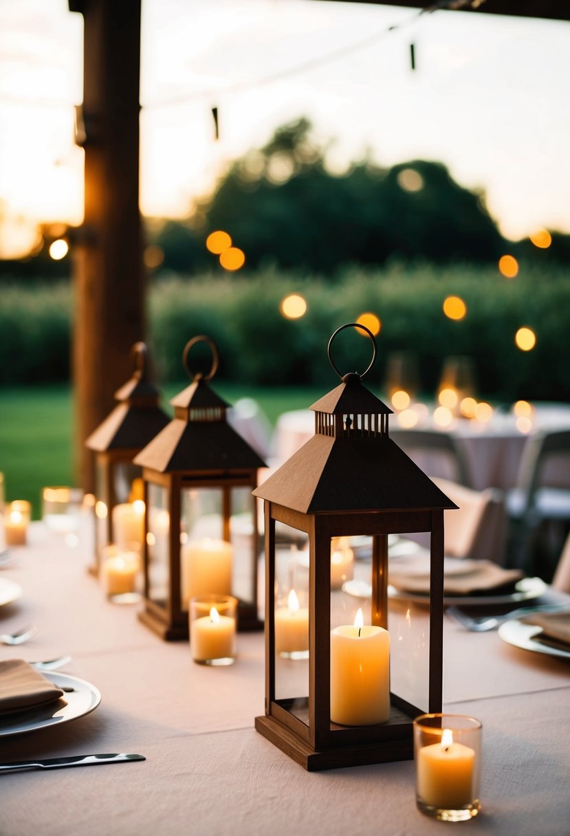 Rustic lanterns with small lit candles adorn a wedding table