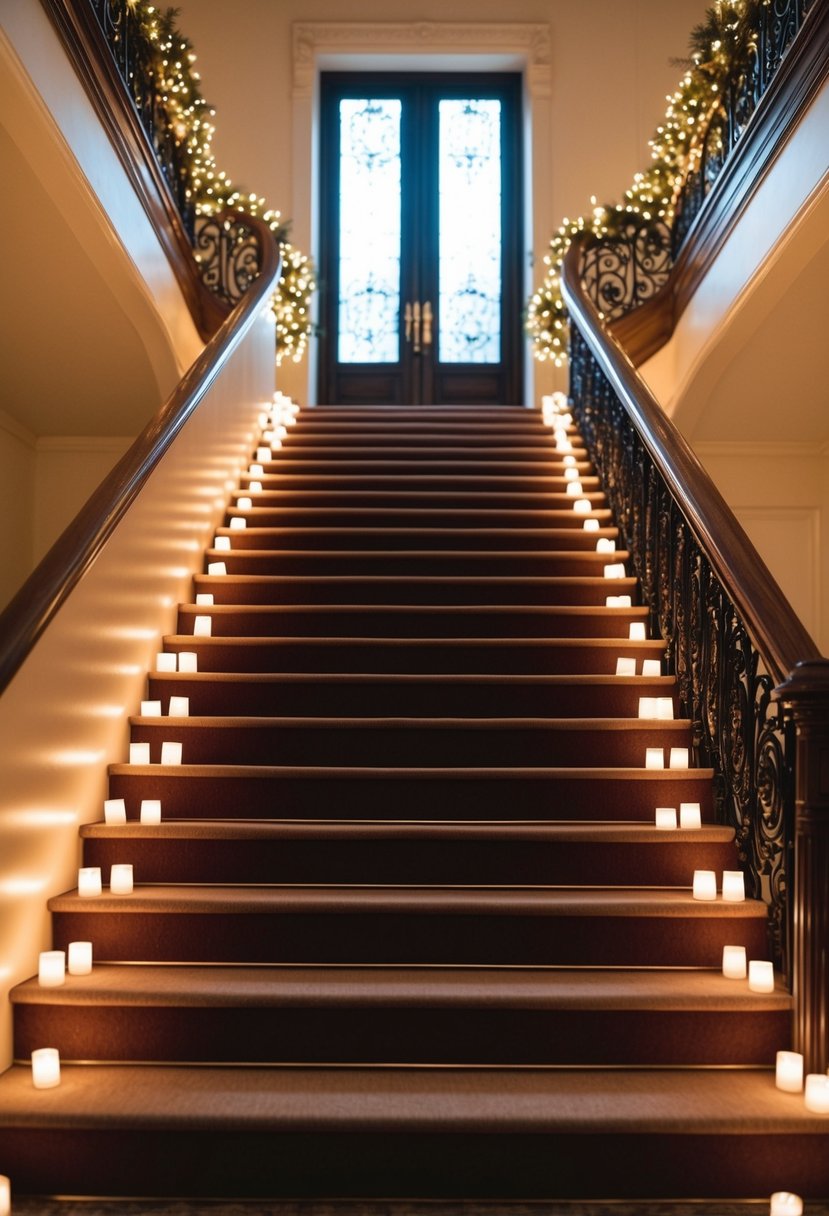 A grand staircase lined with flickering tea lights, casting a warm and romantic glow