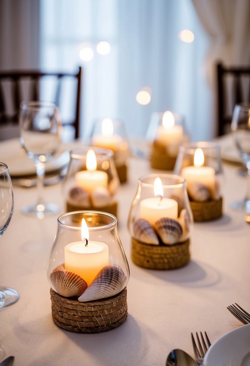 Tea light holders adorned with shells on a wedding table