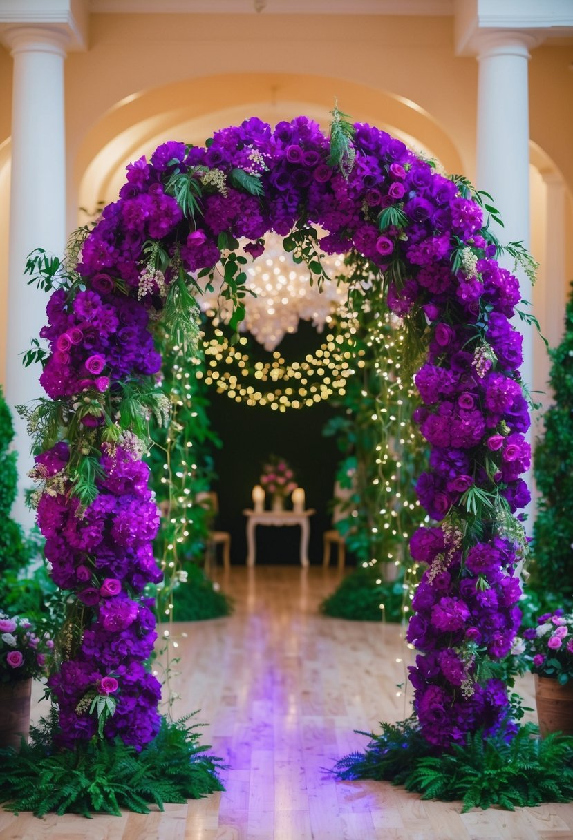 A vibrant purple floral archway with cascading greenery and twinkling fairy lights