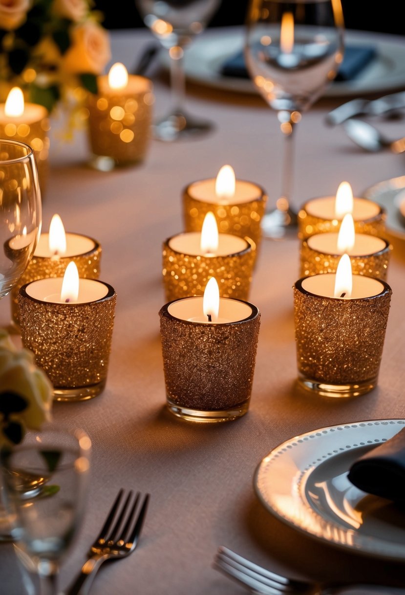 Glittery votive holders surround flickering tea lights on a wedding table, casting a warm and romantic glow