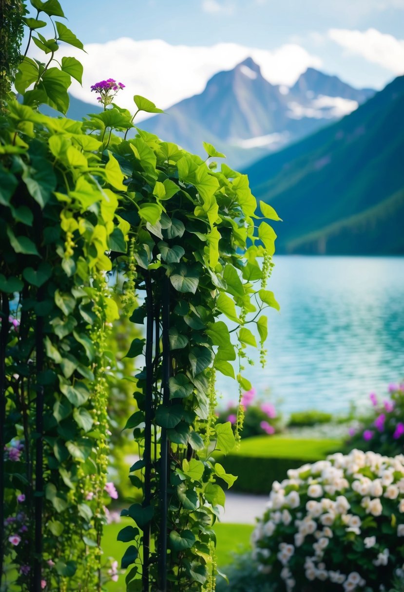 A lush emerald green garden with cascading vines and blooming flowers, set against a backdrop of a serene lake and majestic mountains