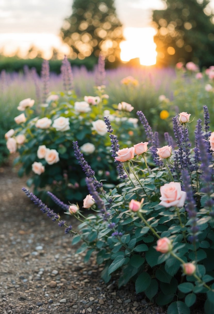 A garden filled with lavender and blush roses, with a soft sunset casting a warm glow over the scene