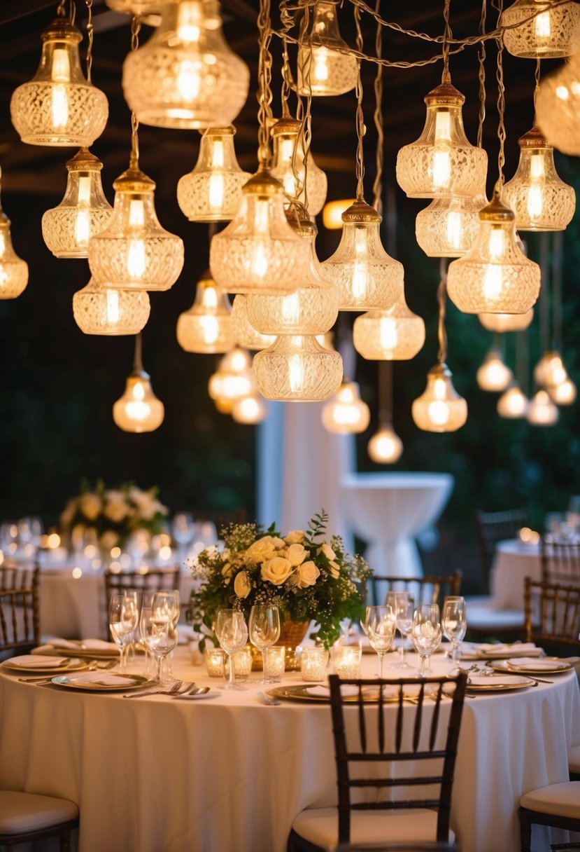 A cluster of tea light chandeliers hang above a beautifully decorated wedding table, casting a warm and romantic glow