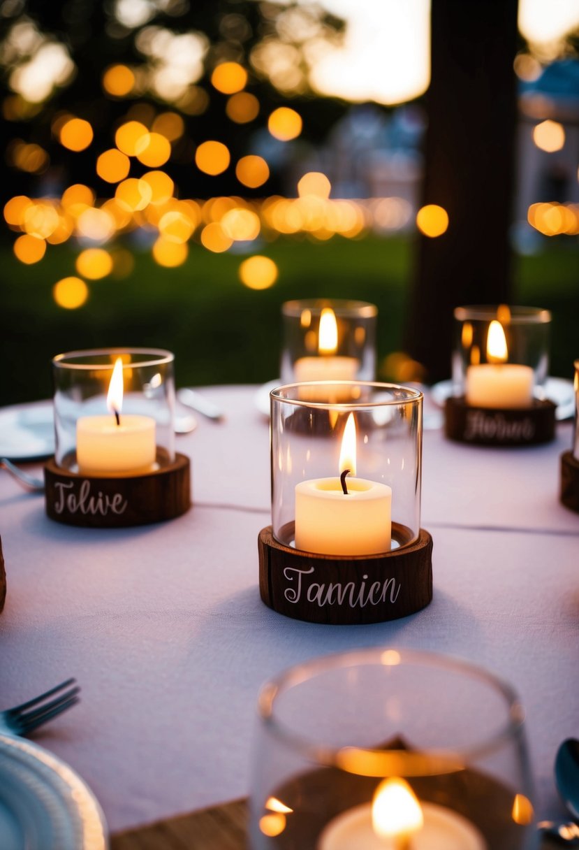 A table set with personalized candle holders, each holding a tea light, creating a warm and romantic atmosphere for a wedding celebration