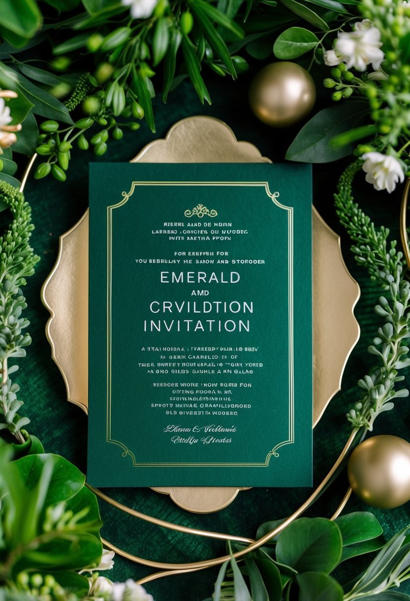 A regal emerald green and gold wedding invitation surrounded by lush greenery and elegant gold accents