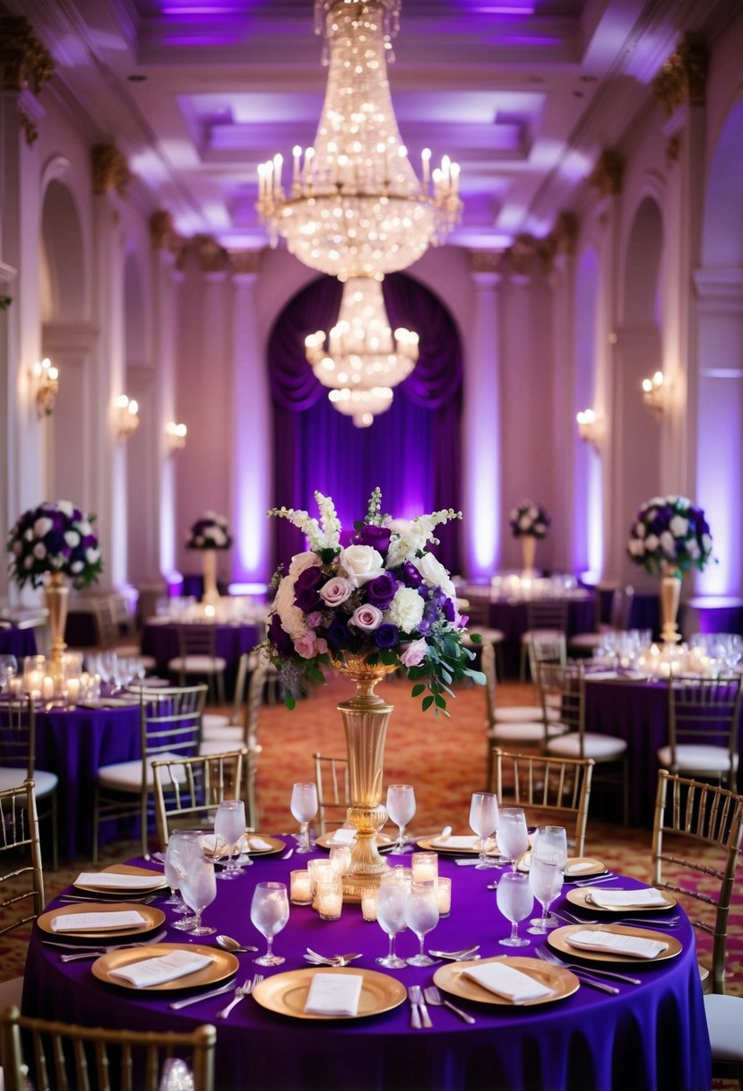 A grand ballroom adorned in royal purple with gold accents, featuring elegant table settings and opulent floral arrangements