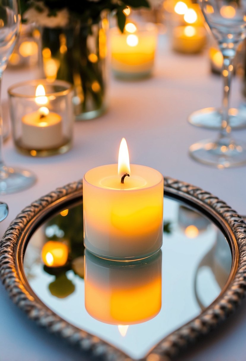 A tea light candle sits on a mirrored surface, casting a warm glow and creating an elegant wedding table decoration