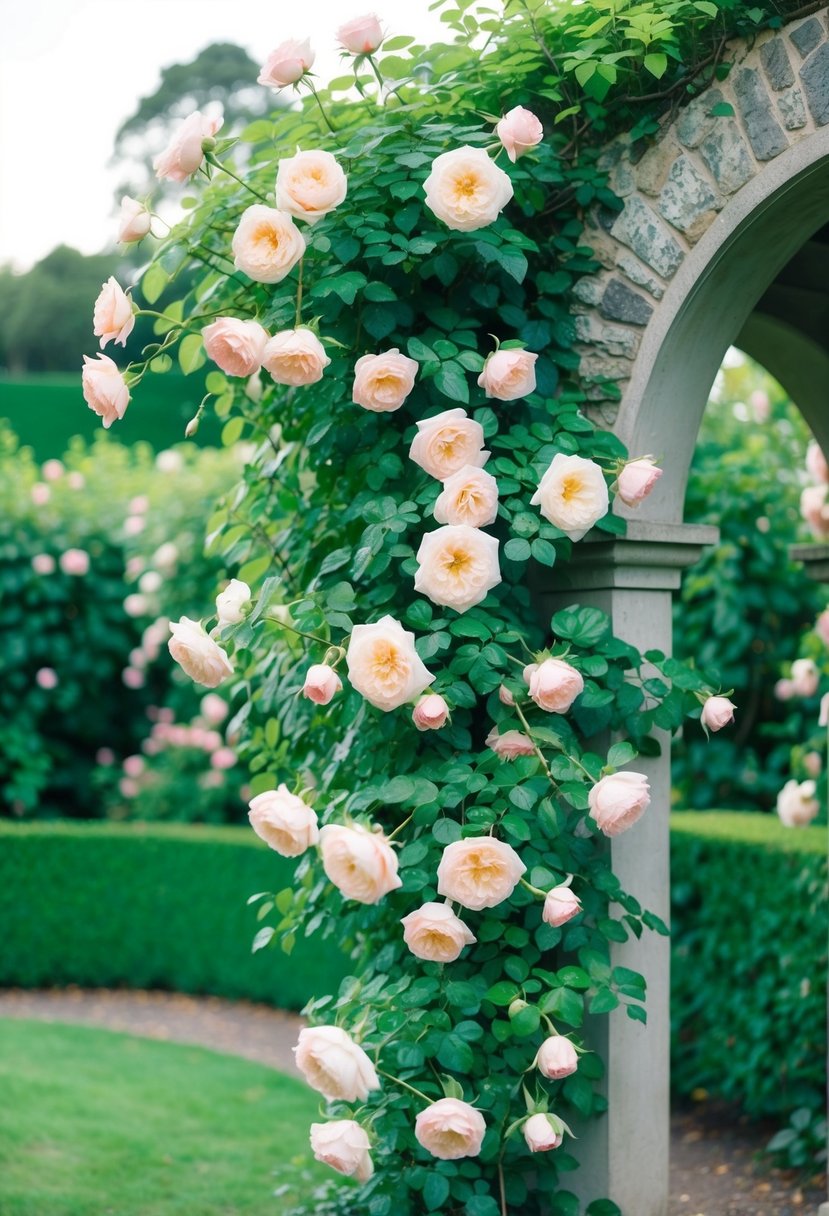 A lush emerald green garden with delicate blush pink roses cascading over a stone archway