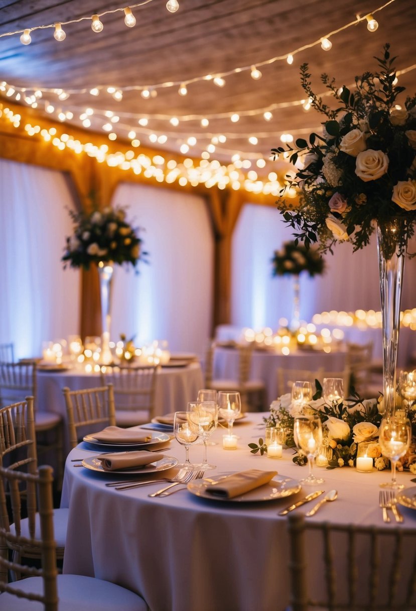 A table adorned with flickering tea lights and delicate fairy lights creates a romantic and enchanting atmosphere for a wedding celebration