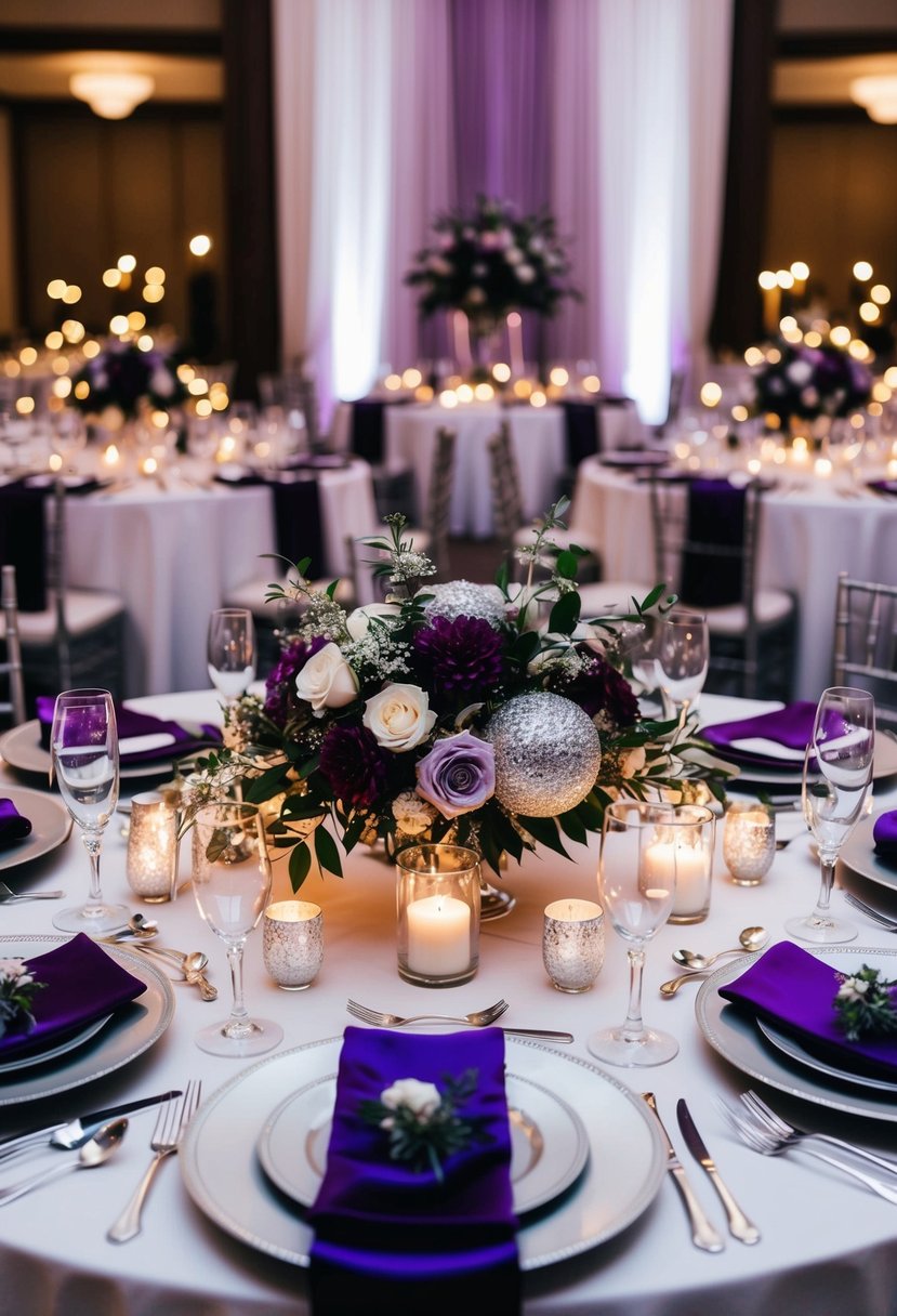 A regal wedding table adorned with deep purple and silver accents, elegant floral arrangements, and sparkling candlelight