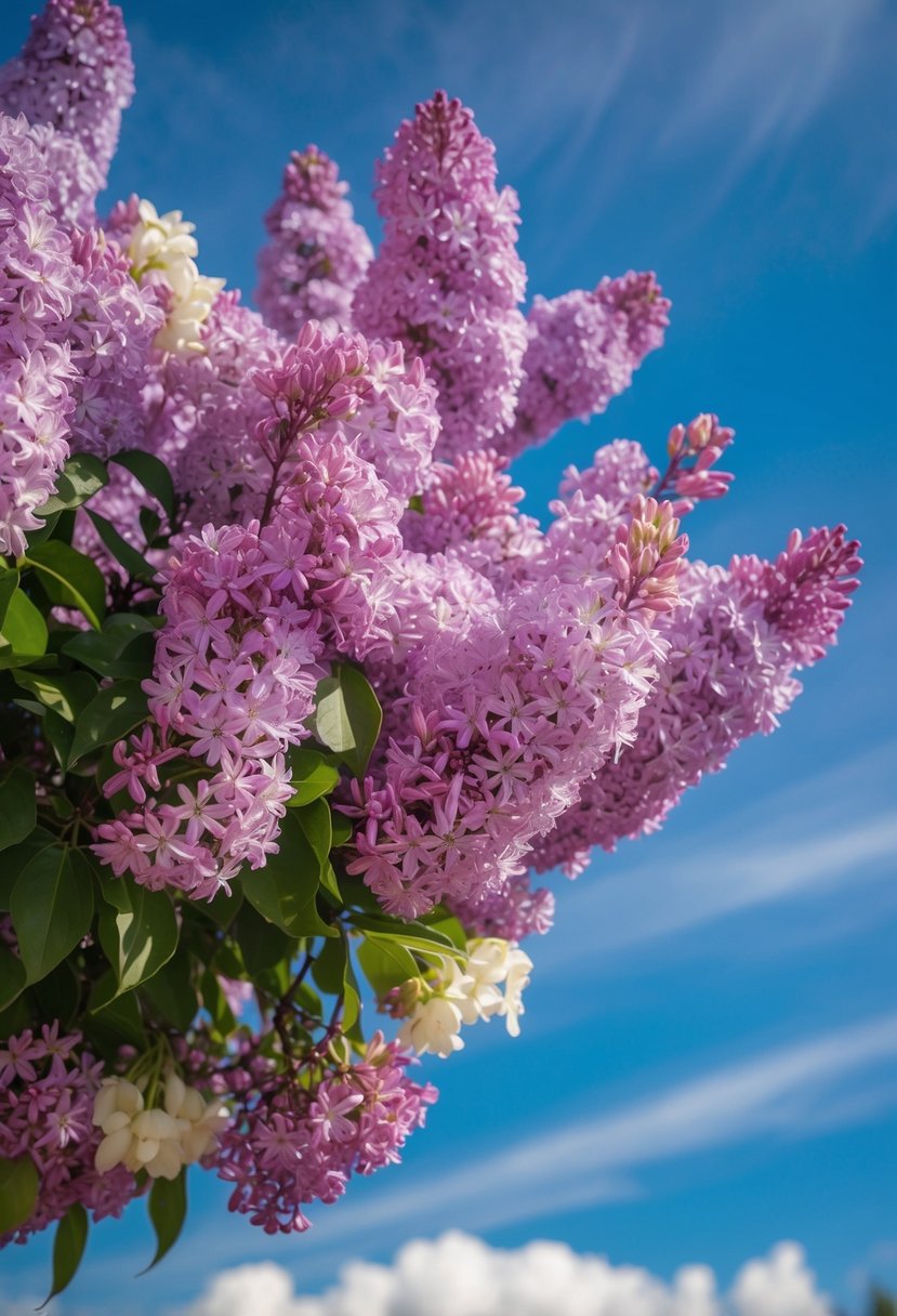 A blooming lilac garden with ivory accents under a clear blue sky