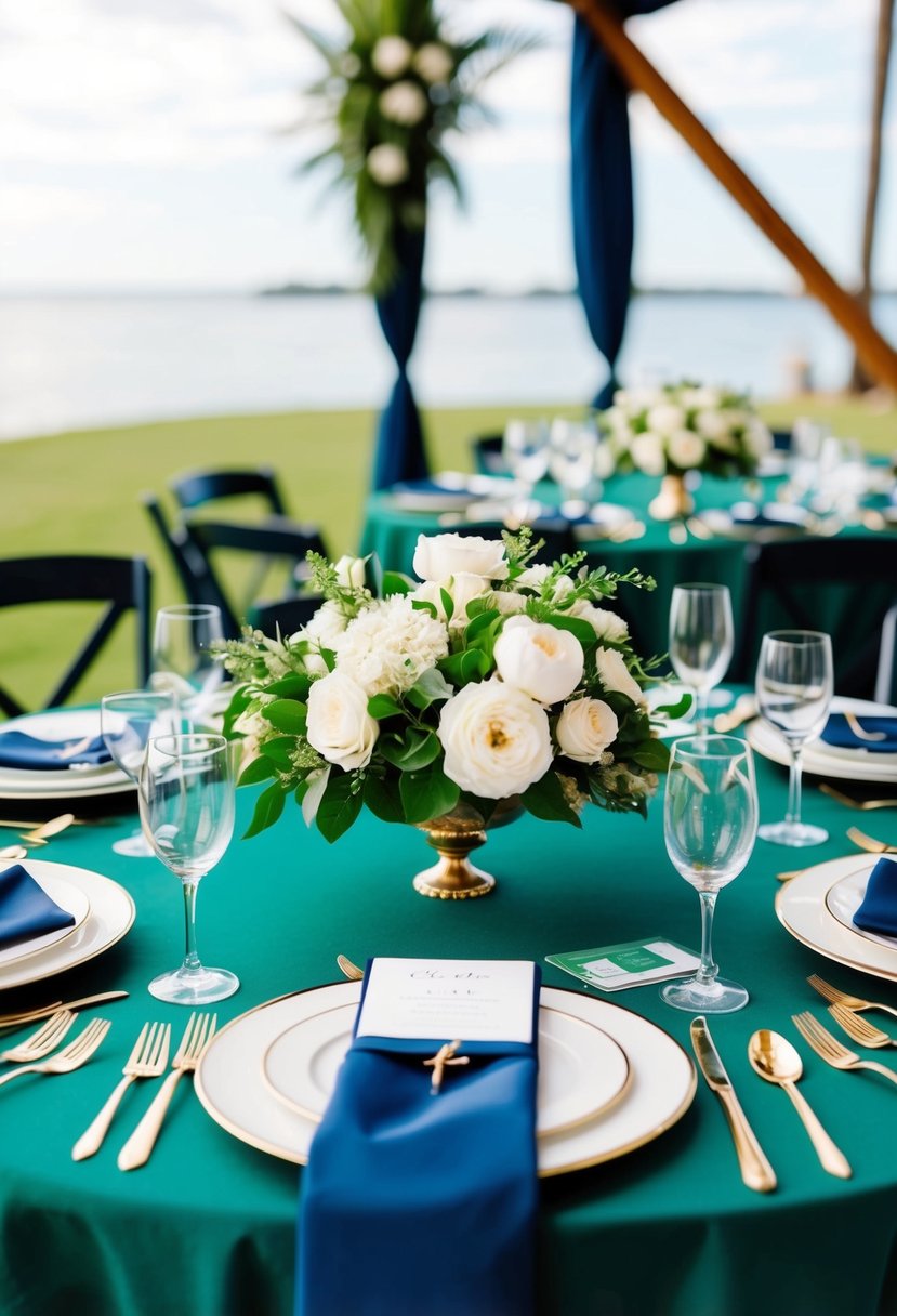 A chic emerald green wedding table setting with navy accents and elegant floral centerpieces