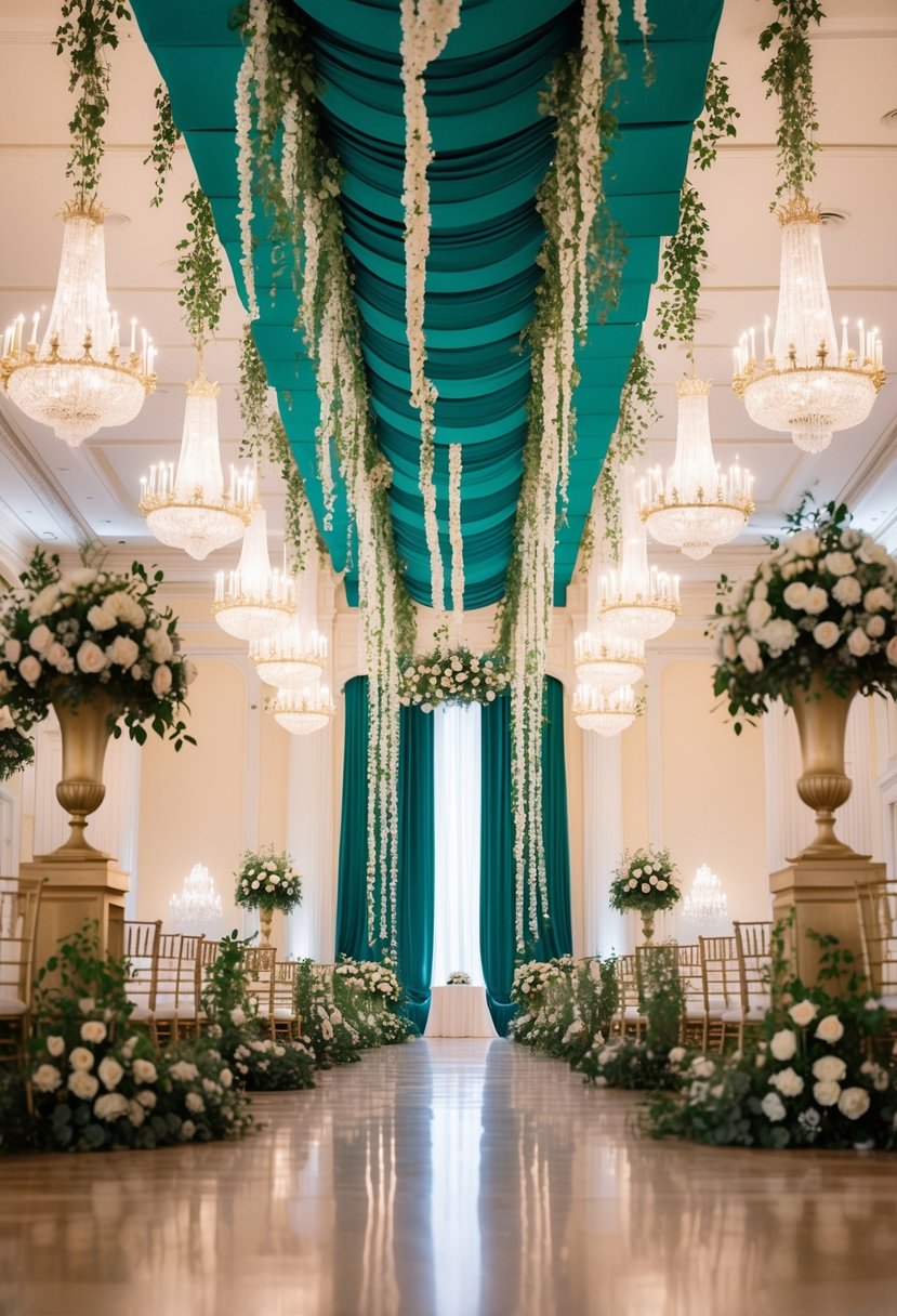 A grand ballroom adorned in emerald green and ivory, with cascading floral arrangements and gilded accents, exuding classic elegance