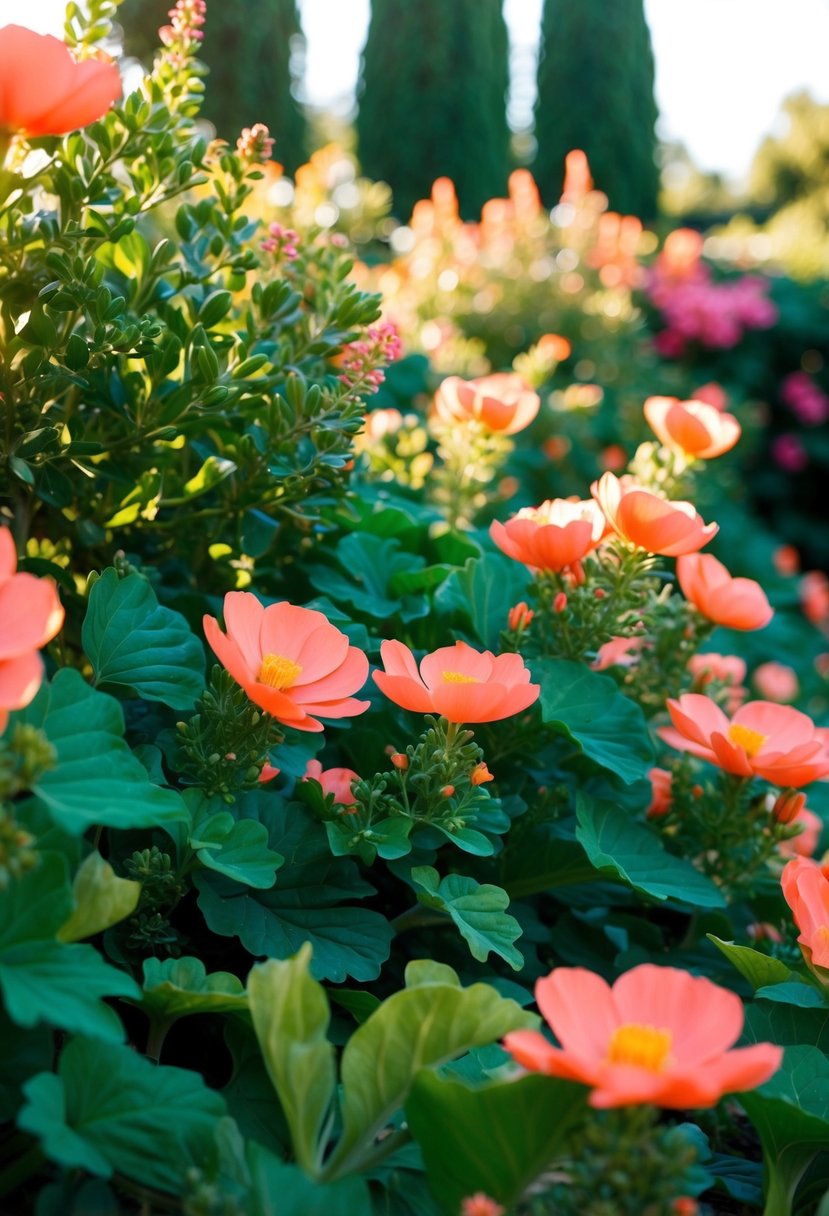 A lush garden filled with emerald green foliage and vibrant coral flowers, bathed in warm sunlight