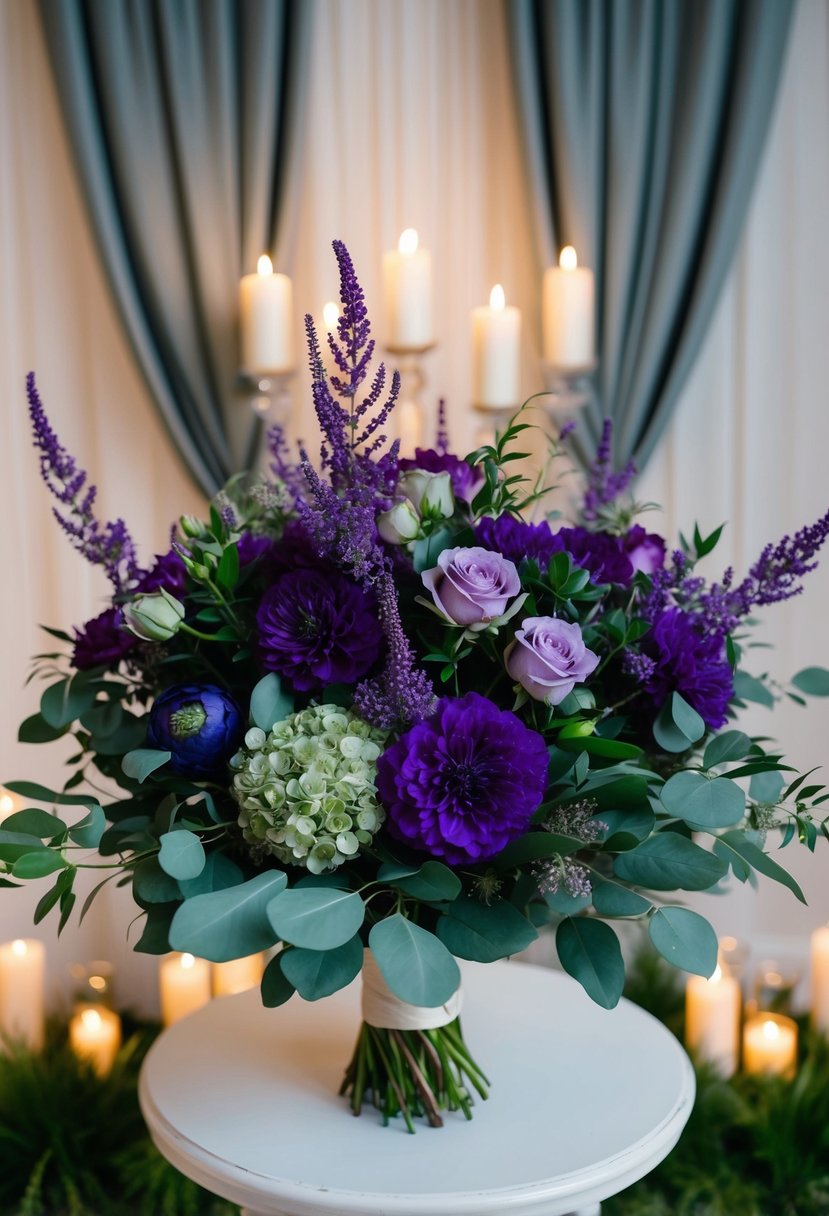 A regal amethyst and sage green wedding palette: rich purple blooms against muted green foliage, set against a backdrop of elegant drapery and shimmering candlelight