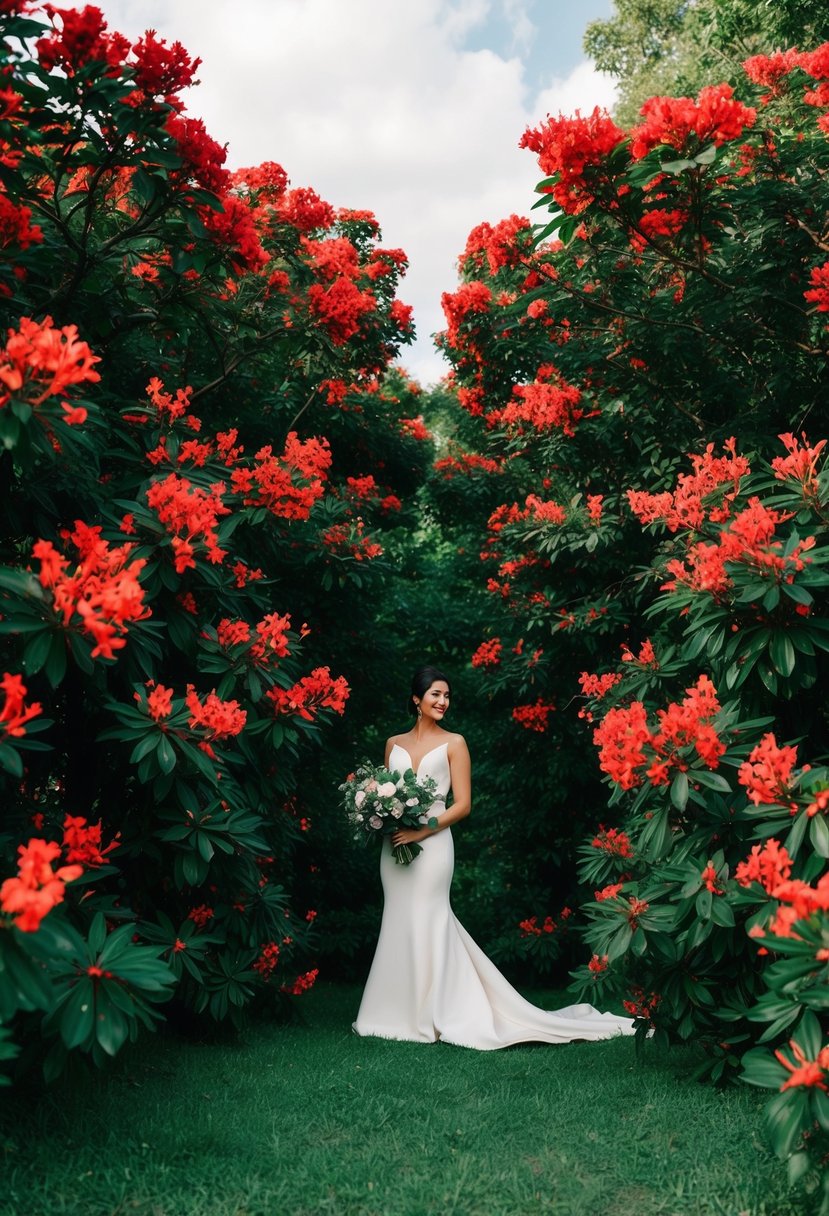 A lush emerald green forest with vibrant red flowers blooming throughout, creating a bold and beautiful natural backdrop for a wedding