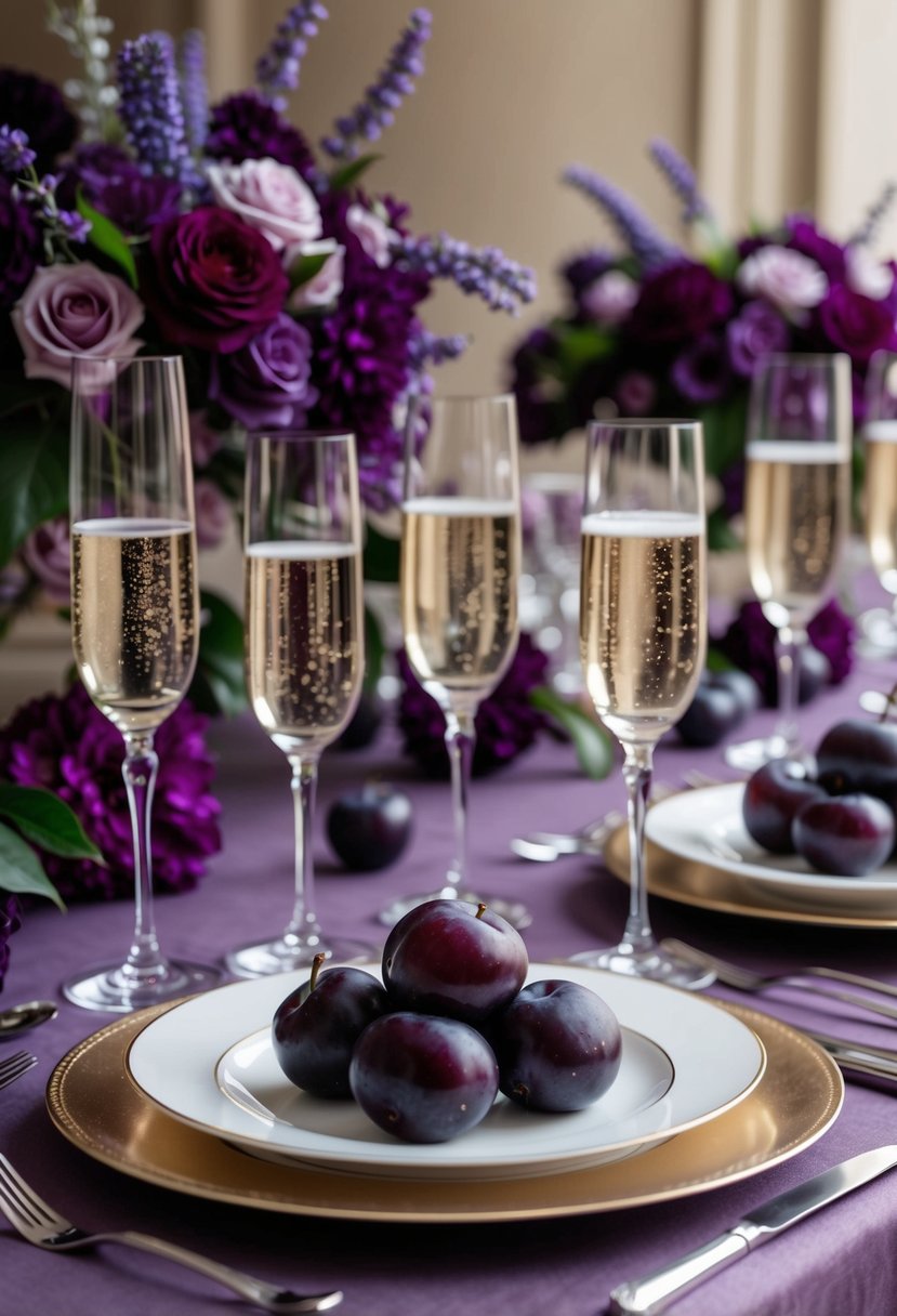 A lavish table setting with deep purple plums and sparkling champagne glasses, surrounded by elegant floral arrangements in shades of plum and lavender