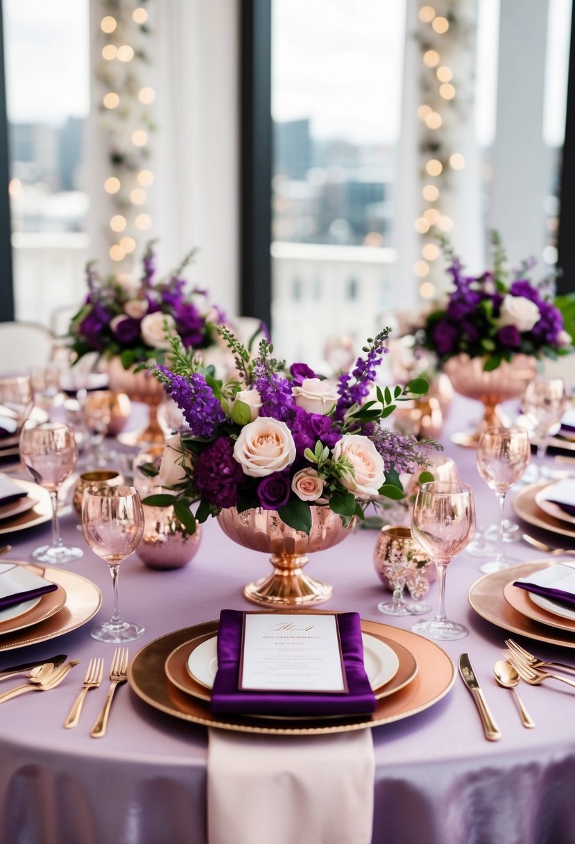 A lavish wedding table adorned with violet and rose gold decor, including elegant floral centerpieces and shimmering table settings