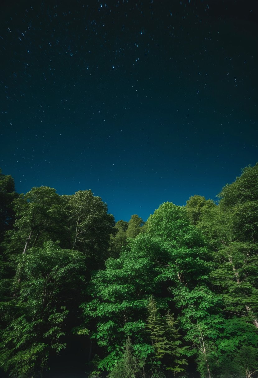 A lush emerald green forest under a starry black sky