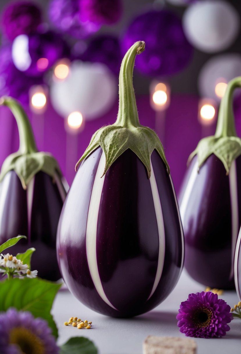 A vibrant eggplant with white highlights sits among purple wedding decor, inspiring gorgeous color ideas